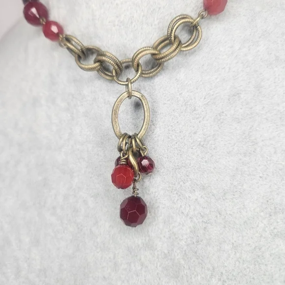 Retired Premier Designs “Caliente” Red Beaded Statement Necklace – Antique Gold - Picture 2 of 8